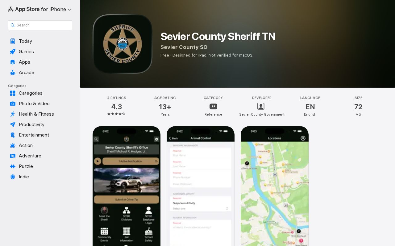 Official Sevier County Sheriff app listing without a verified 24-hour release feature