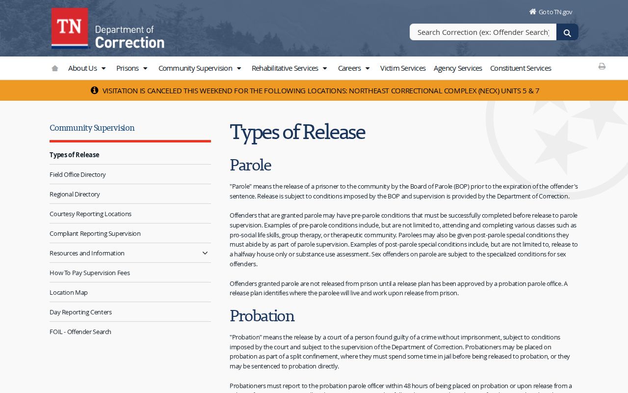 TDOC release types for Sevier County post-release supervision