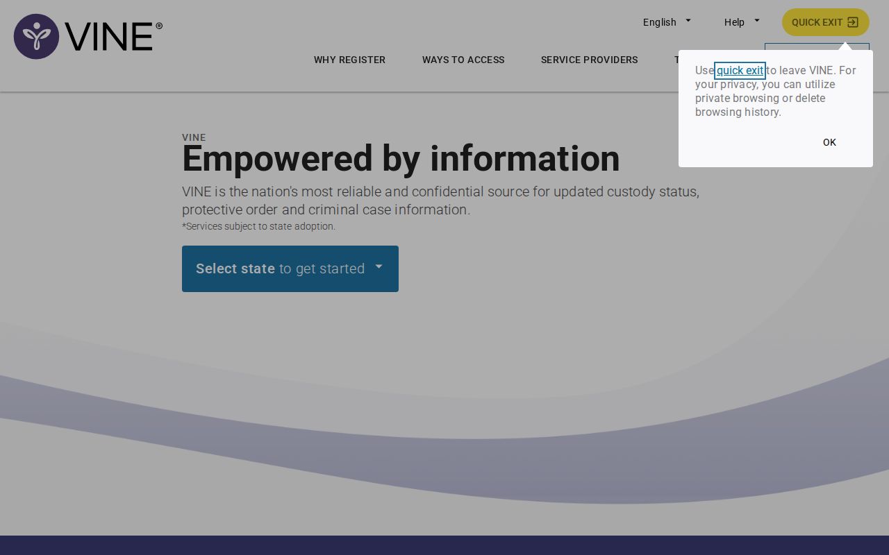 Tennessee VINELink search screen for a Sevier County VINE inmate check